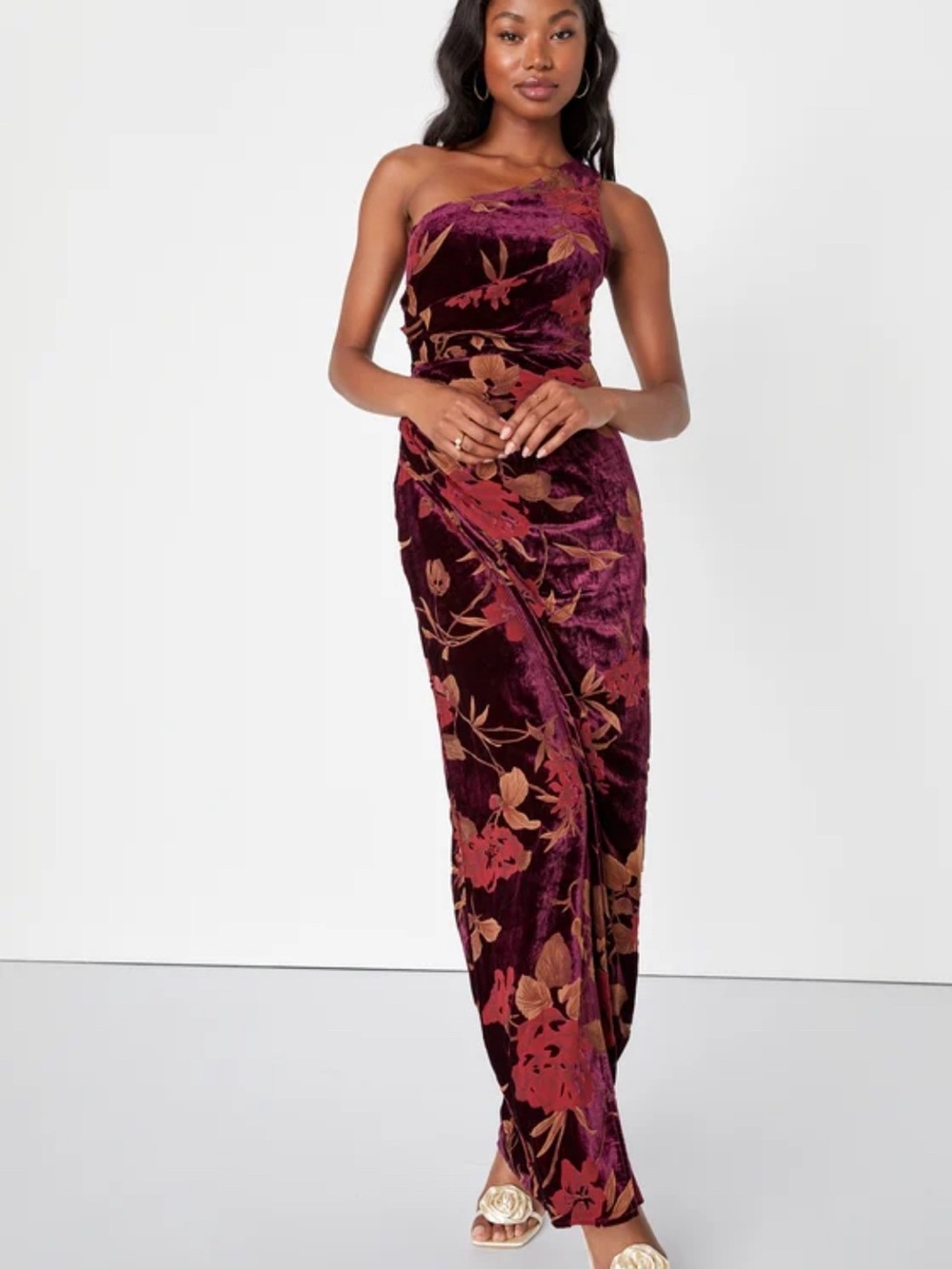 Lulus Unreal Awe Burgundy Floral Burnout Velvet One-Shoulder Dress